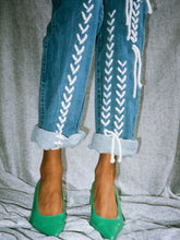 High Waisted Recycled White Thread Jeans, Blue Denim